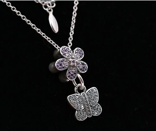 925 Sterling Silver long chain necklace adjustable pave pink purple CZ daisy butterfly Necklace Compatible with pandora Jewelry | Украшения
