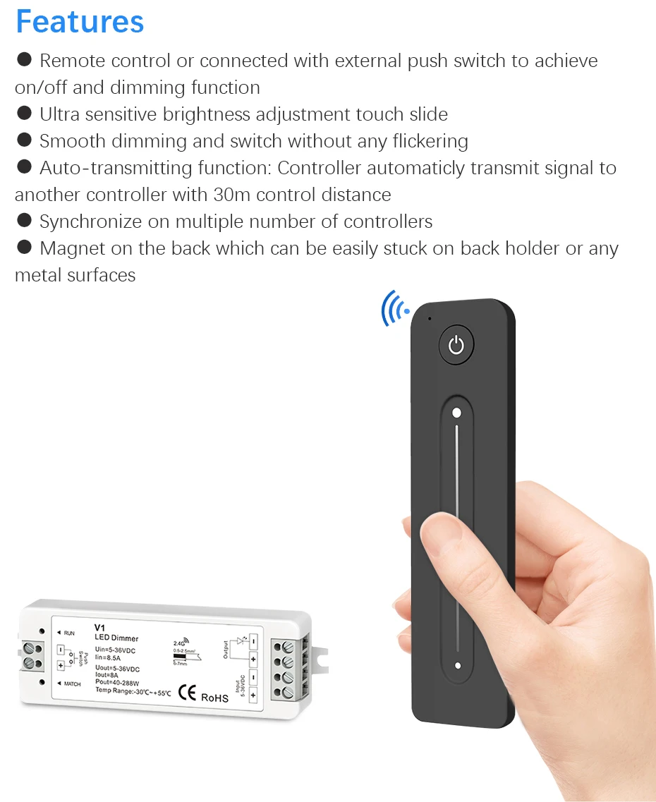 LED Dimmer 12V 5V 24V 36V 8A PWM Wireless RF Switch with 2.4G brightness adjustment touch Remote for Led Single Color strip