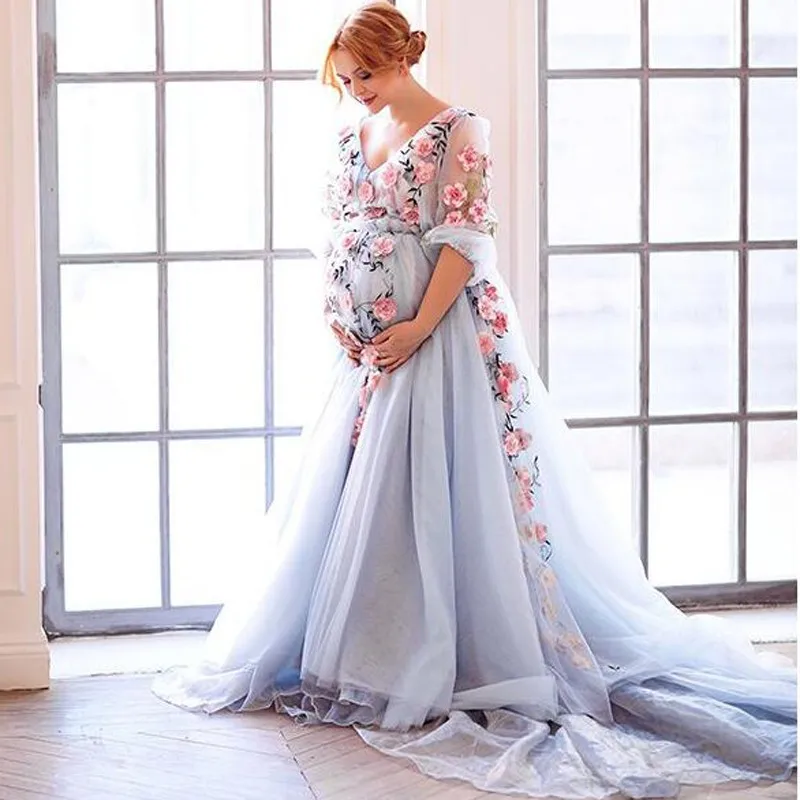 

New Formal V Neck Evening Dresses Pregnant With Applique Maternity Prom Dresses Long Train Pregnant Women Party Gown