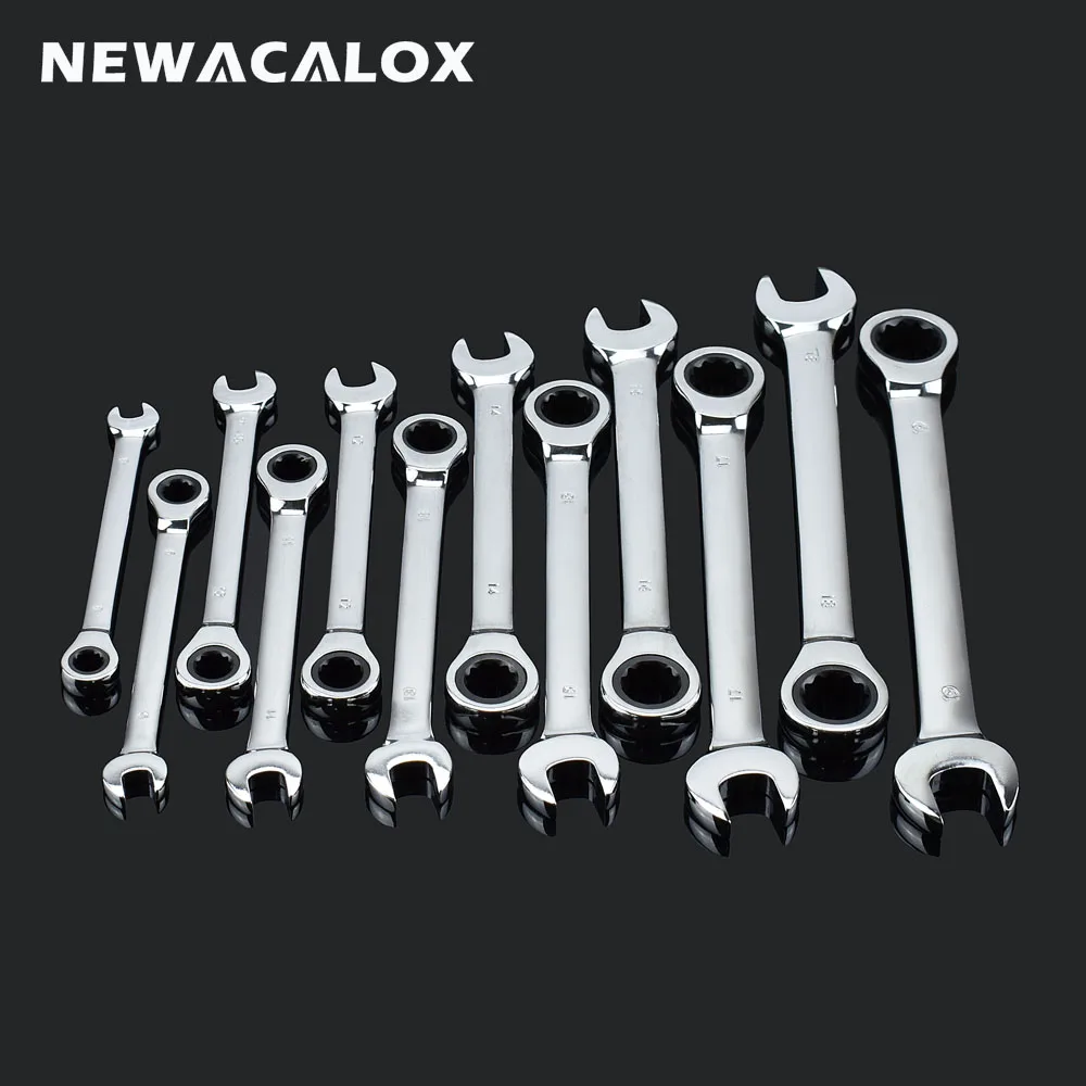 Mirror Type NEWACALOX 12 шт. динамометрический ключ набор 8-19 мм трещотка универсальный гаечный ключ набор инструментов для ремонта автомобиля хром-ванадиевая сталь - Цвет: Mirror Type