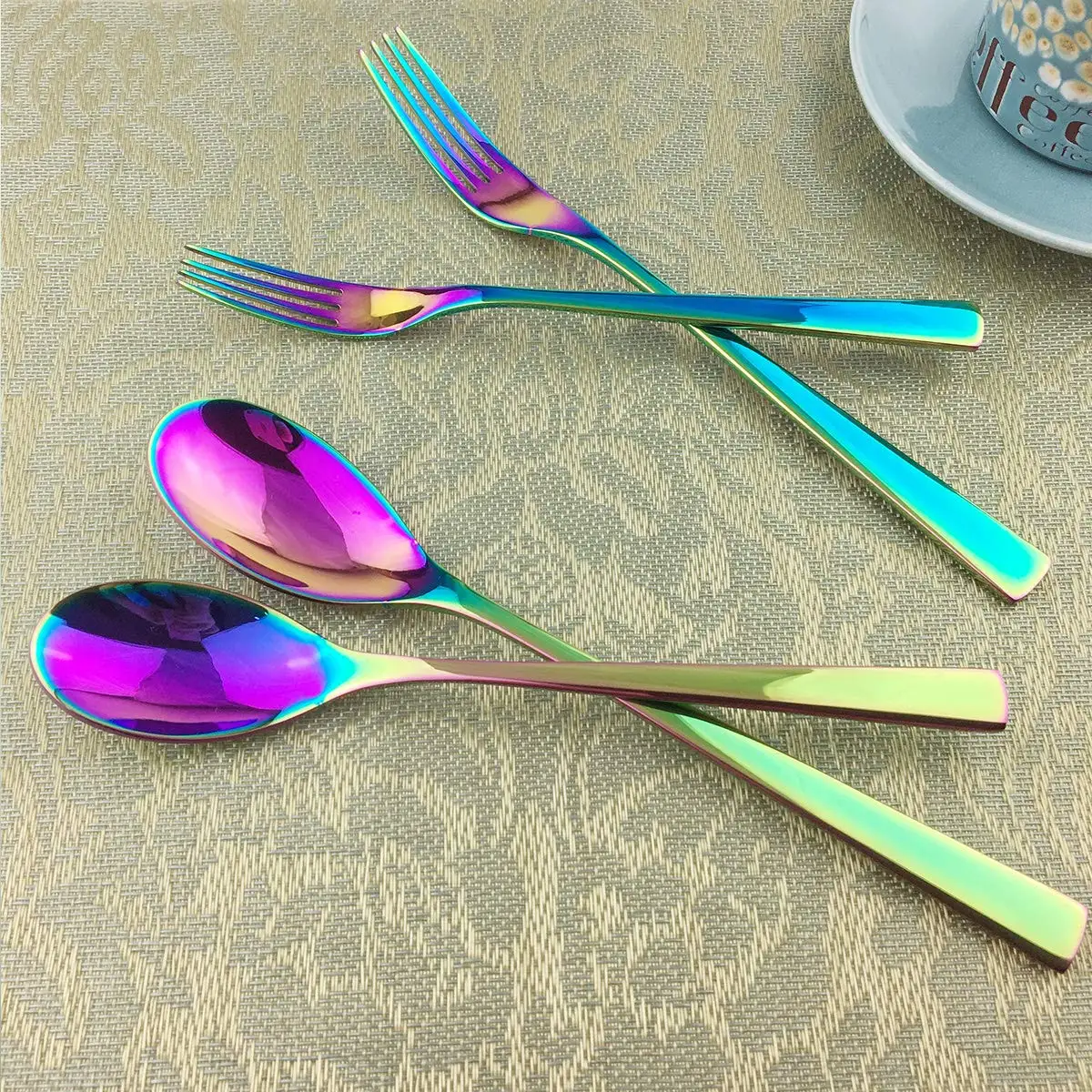 4/5/6Pcs Luxury Mirror Colorful Rainbow Cutlery Sets Stainless Steel Dinnerware Set Steak Knife Soup Salad Fork Silverware |