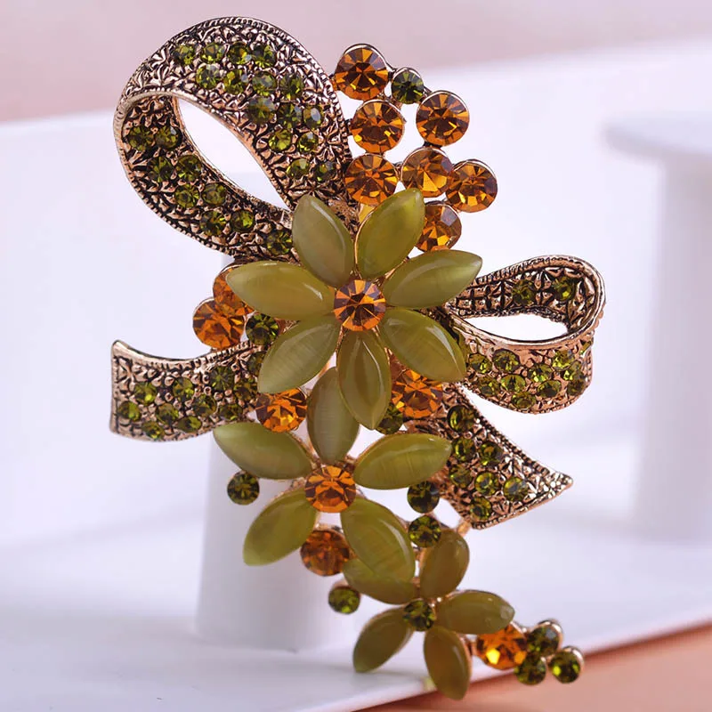 Antique Gold Green Королевский синий цвет, винтажные броши, букет, высокое качество, кошачий глаз, камень, хиджаб, булавки и броши, цветок, броши, бижутерия, Relogio Pin - Окраска металла: Antique Gold Green