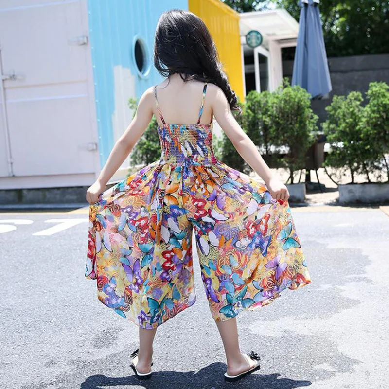 New Bohemian Style Children's Dresses Girl Summer Floral Wide Leg Pants Jumpsuit Girls Personality Dress Crianca Vestidos |