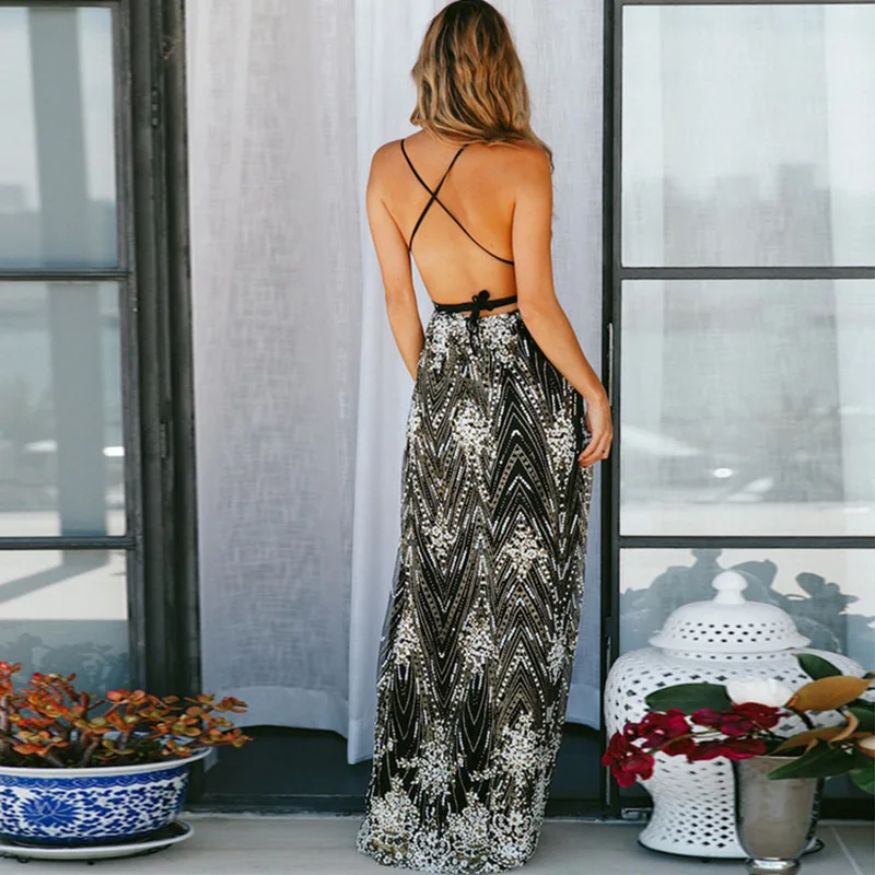 Сексуальное вечернее платье с v образным вырезом и открытой спиной блестками