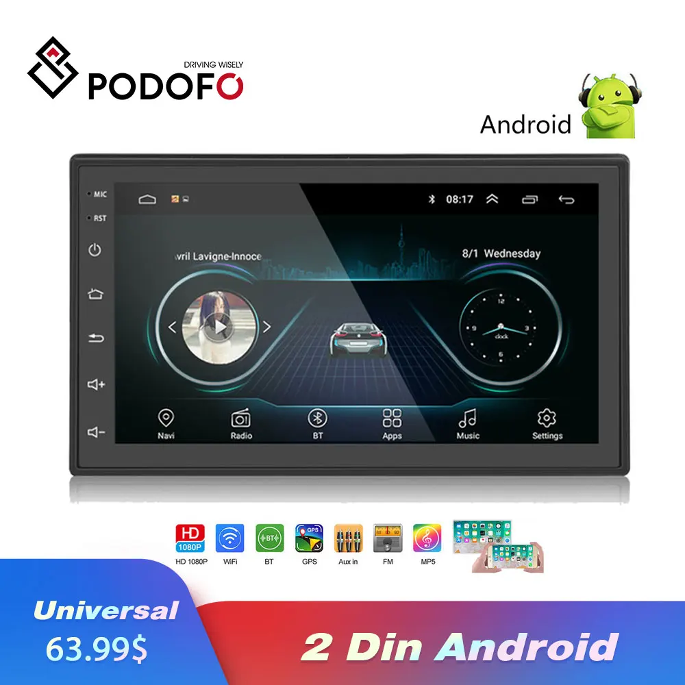Podofo 2 Din автомагнитола Android универсальный gps навигация Bluetooth Wifi Автомобильный
