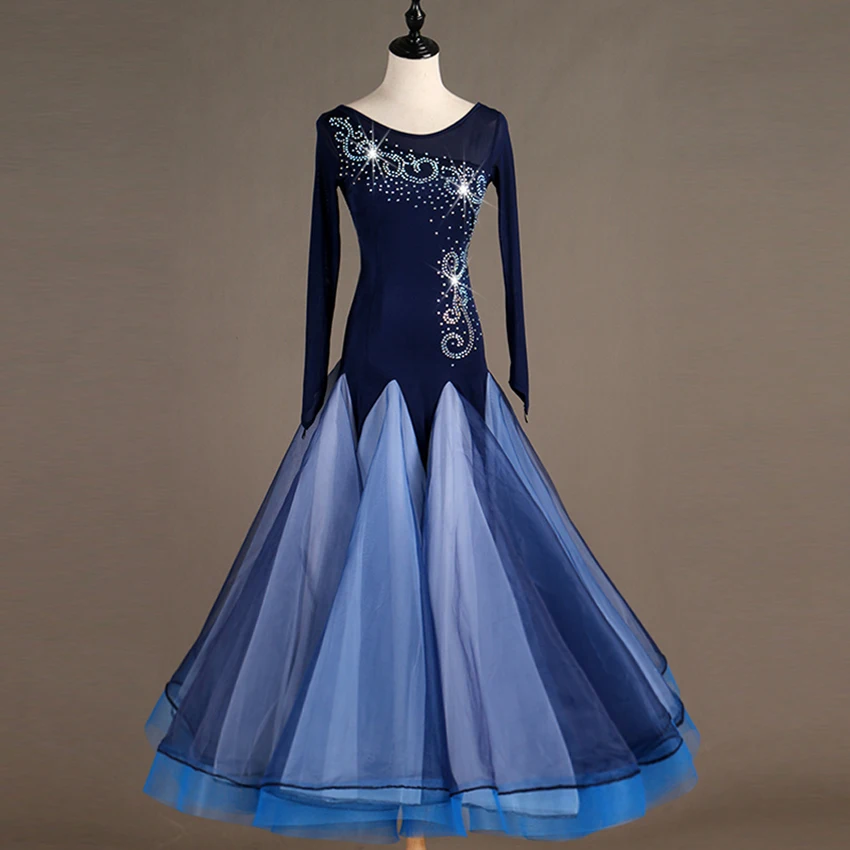 Women Girl Ballroom Dance Navy Long sleeve Modern dance one piece Waltz dress Flamenco Rumba Samba Practice Competition | Тематическая