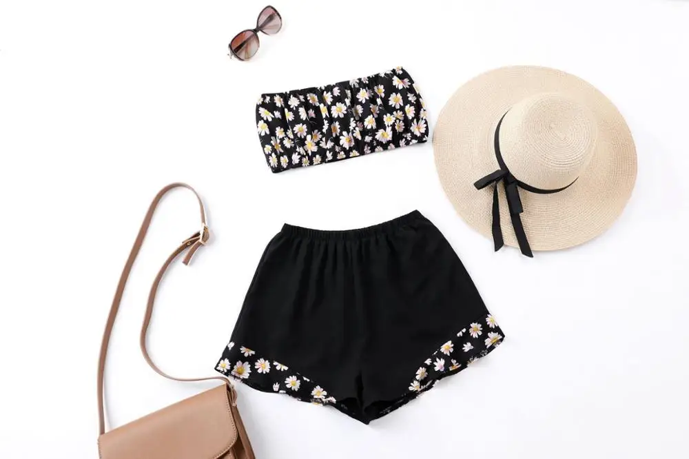 Женский комплект 2 шт. шорты и укороченный топ на бретельках летний повседневный