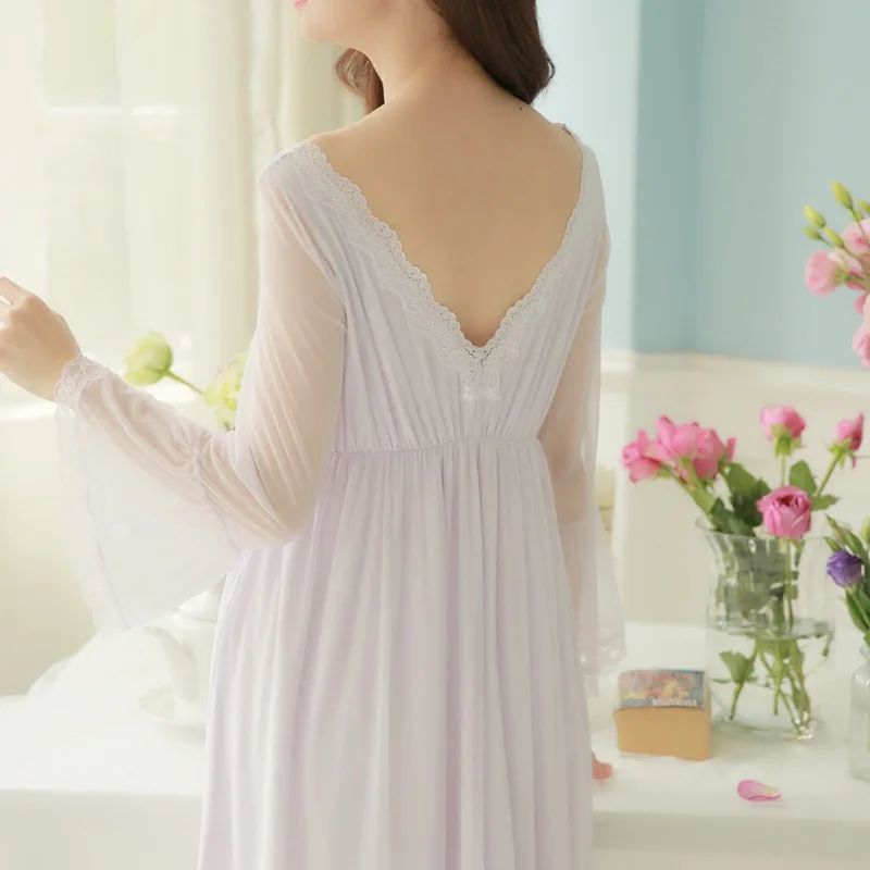 High-end 2017 New Arrival Summer Style Sexy Lace Palace Royal Beauty Nightdress Long White Pink Purple Ice Silk Nightgown | Женская