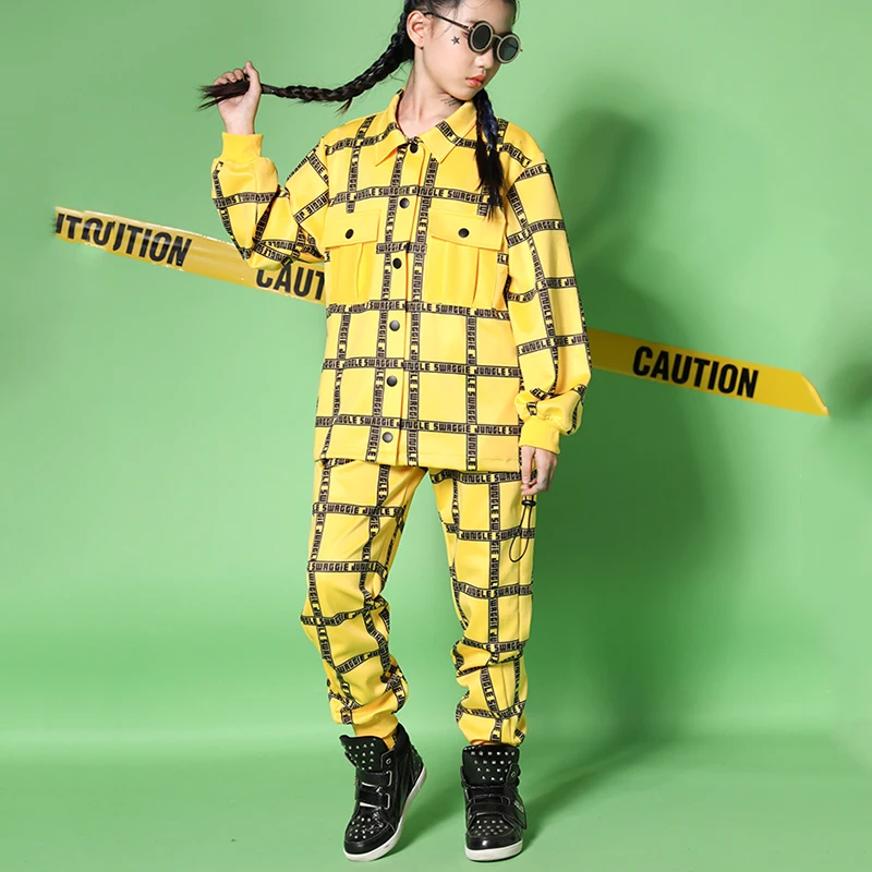 Детская уличная танцевальная одежда для мальчиков и девочек желтая клетчатая