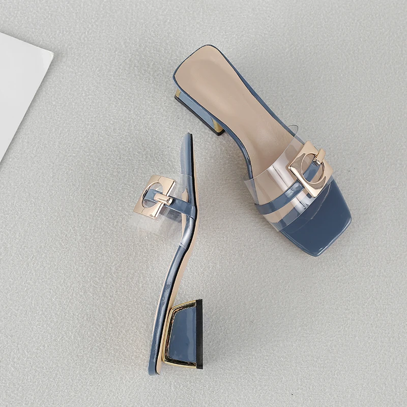 Женские шлепанцы из ПВХ на толстом каблуке с открытым носком|Тапочки| |