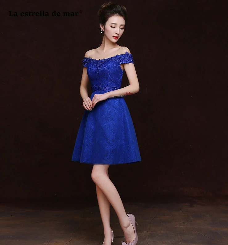 Ла звезда mar robe demoiselle d'honneur2019 кружевной вырез лодочкой короткий рукав трапециевидной формы королевский синий короткое платье подружки невесты Дешевые