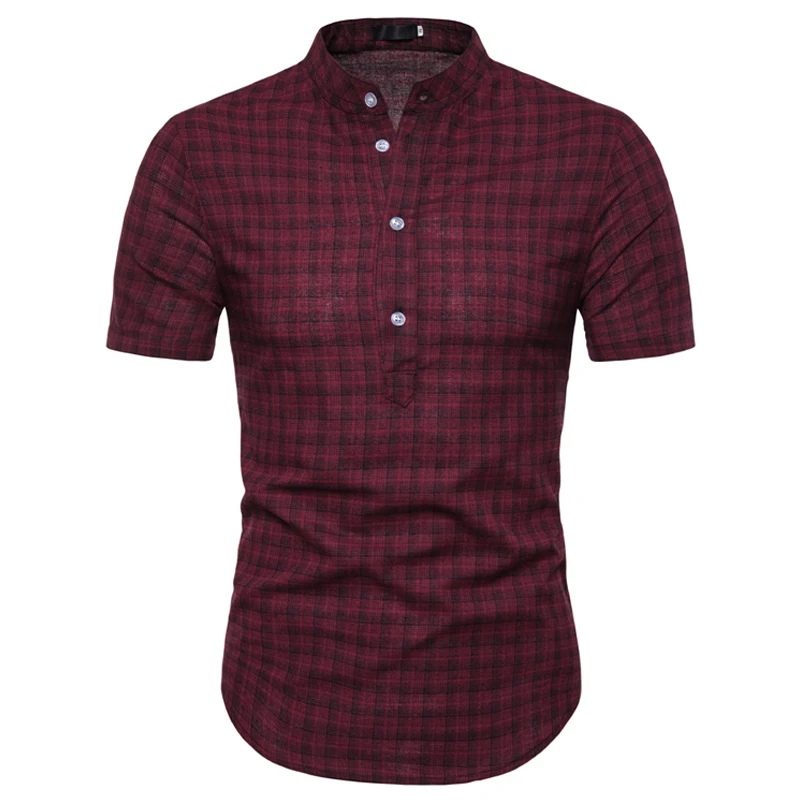Мужская рубашка с коротким рукавом хлопковая Облегающая в клетку воротником