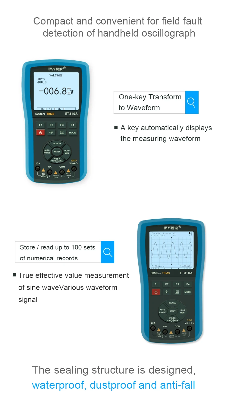 ET310A цифровой осциллограф мультиметр 80Msps TRMs ручной DSO DMM генератор сигналов