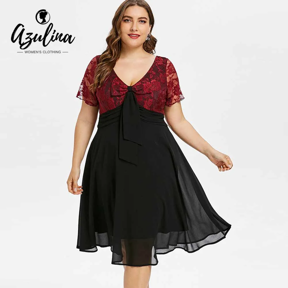 Rosegal Plus Size Dress Bowknot Embellished V Neck Lace Trim Two Tone A-Line Dresses Vintage Party 2018 Vestidos De Fiesta | Женская
