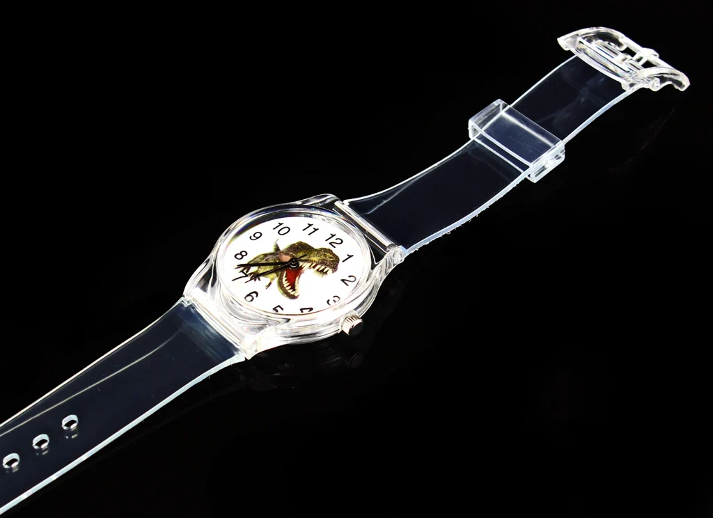 Часы Детские с мультяшным тираннозавром прозрачные кварцевые наручные черепом