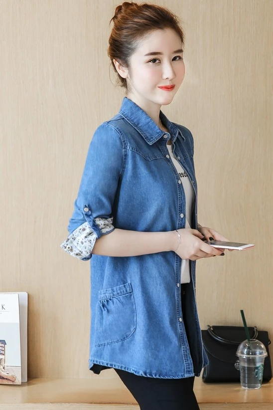 

Autumn New Large Size Denim Shirt Female Long-Sleeve Cotton Bottoming Mid Length Jacket Was Thin Tide Blouse