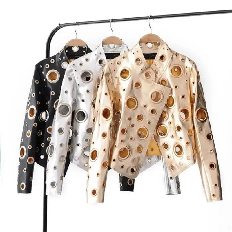 Куртка Женская Весенняя из искусственной кожи с металлическим кольцом|jacket punk|coats