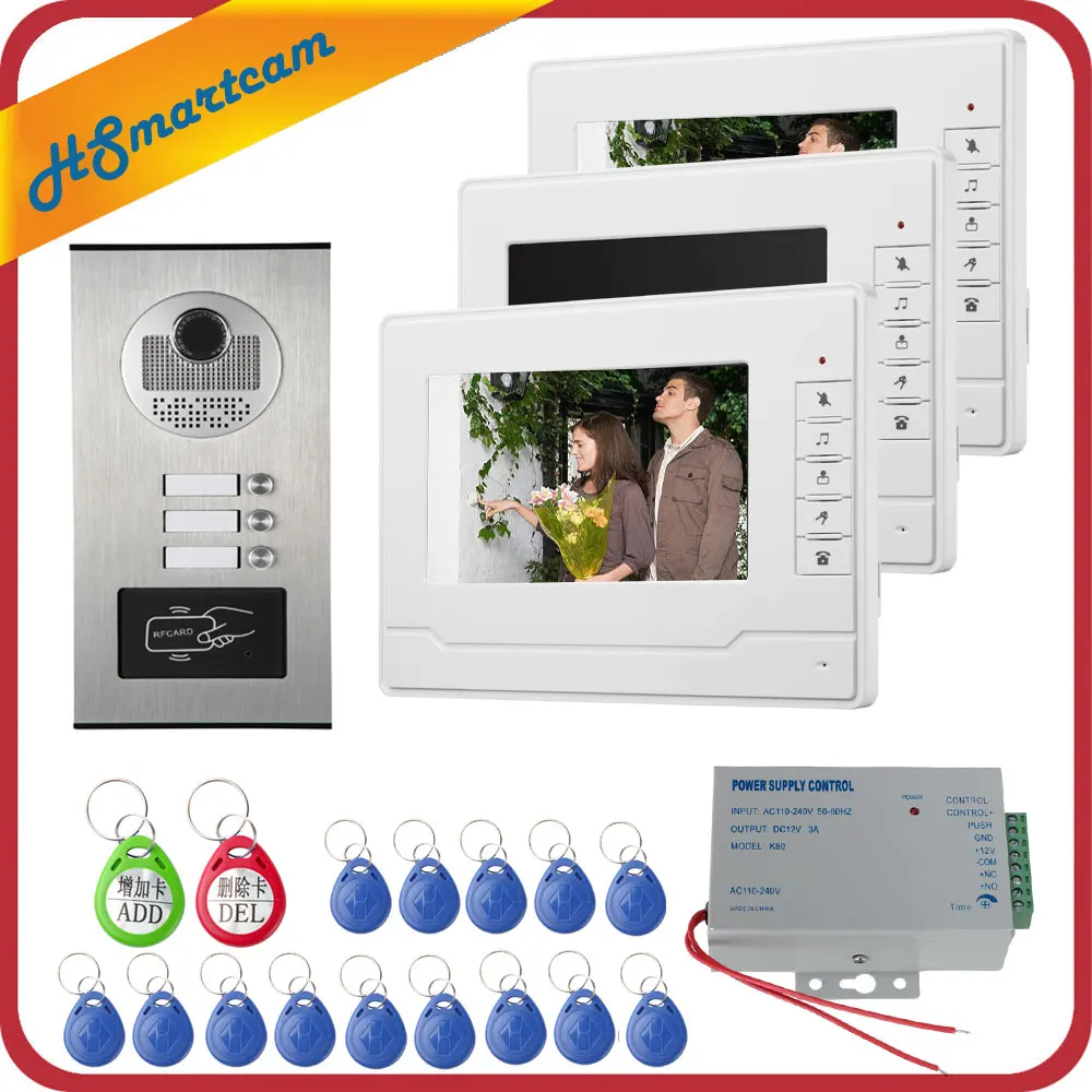 530-V70N-3 Проводной дом 7 дюймов Цвет мониторы Квартира Проводной видео телефон двери RFID HID карты аудио визуальный домофон системы - Цвет: 530-V70N-3