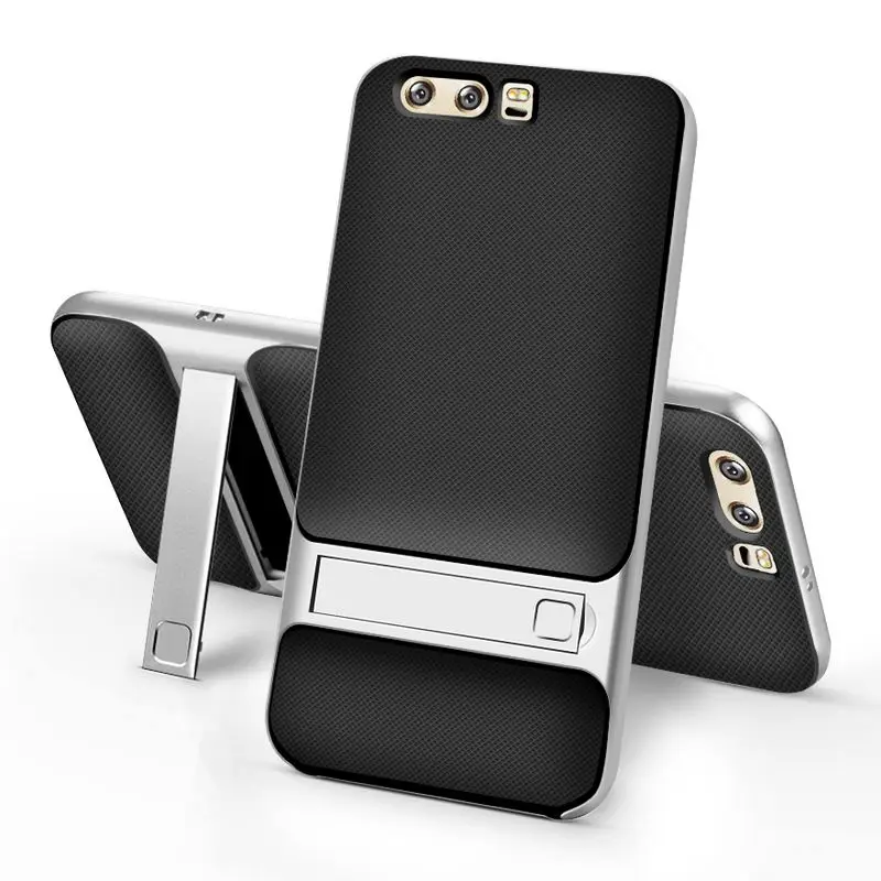 Black - Silver For Huawei Honor 9 Case 5.15 inch Luxury PC+TPU hybrid Stent Back Cover Cases For Huawei Honor 9 STF-L09 Stand Phone Case - Цвет: Black - Silver