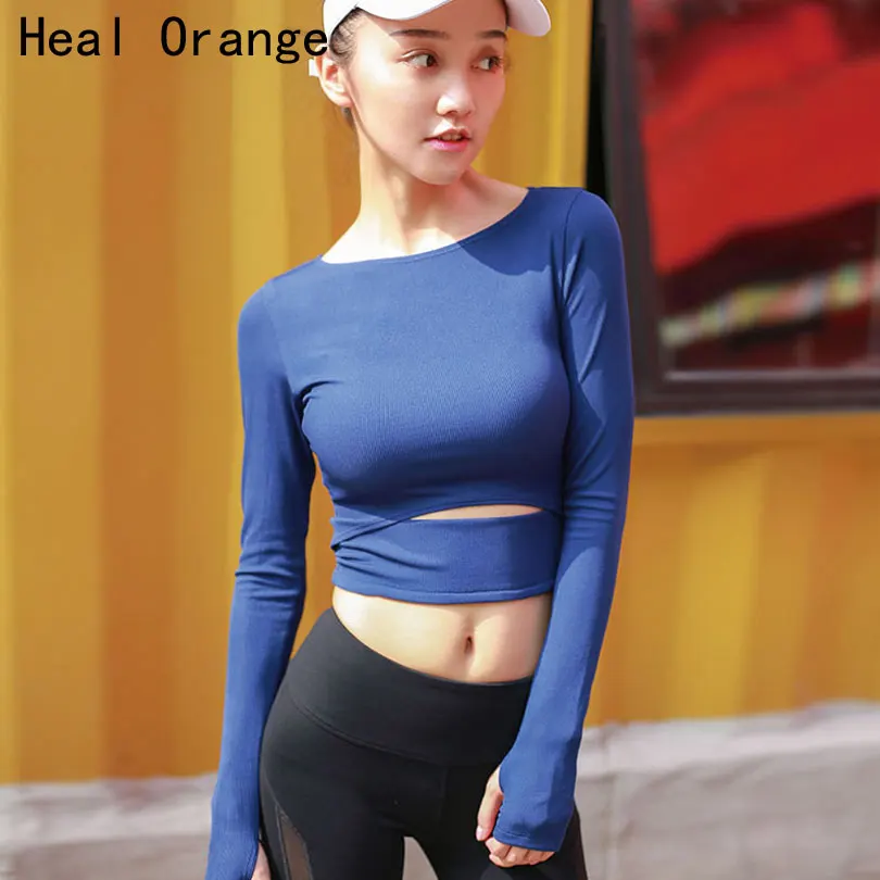 HEAL ORANGE женский сексуальный спортивный топ, рубашки для йоги, для фитнеса, укороченный, с длинным рукавом, одноцветная, для бега, спортивные майки, одежда для спортзала, спортивная одежда