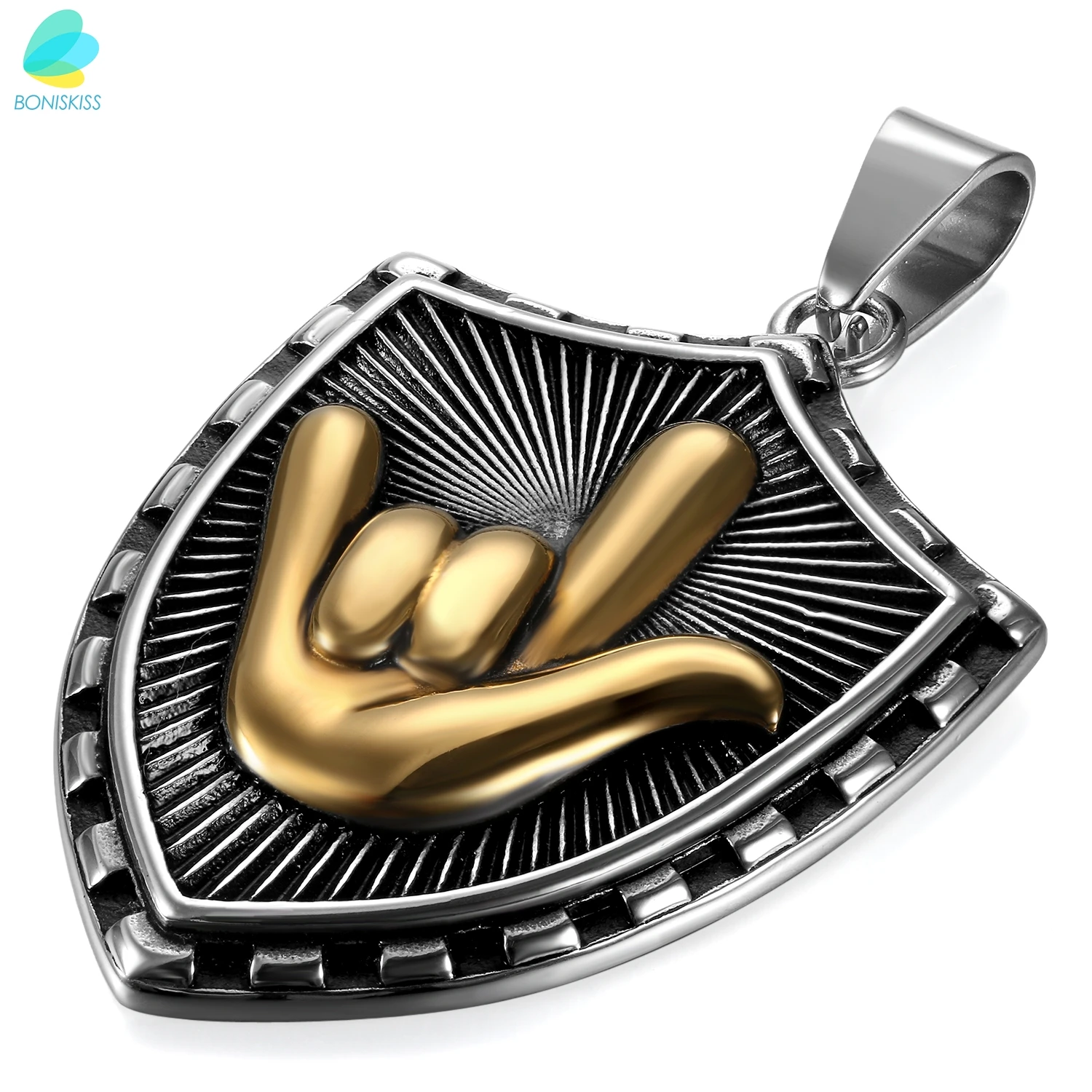 

BONISKISS Retro Bronze Stainless Steel I LOVE YOU ROCK Gesture Shield Pendant Men Jewelry With Chain
