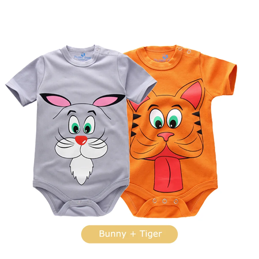 Bunny and tiger IYEAL Детские ползунки Рубашка с короткими рукавами 2 шт. хлопок милые принты с персонажами из мультфильмов для новорожденных и маленьких девочек и мальчиков, детская одежда для ясельного возраста на возраст от 0 до 18 месяцев - Цвет: Bunny and tiger