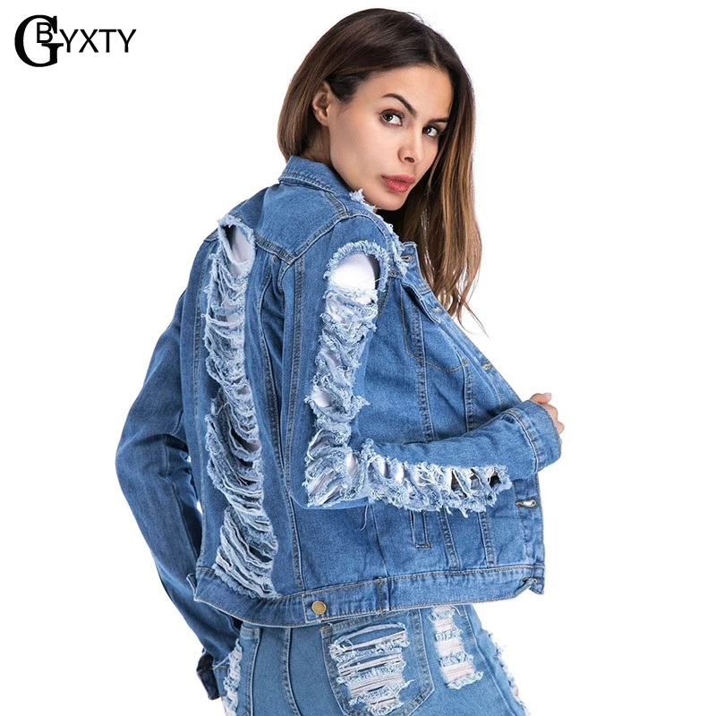 GBYXTY veste en jean femme manche longue Женская винтажная рваная джинсовая куртка с длинным