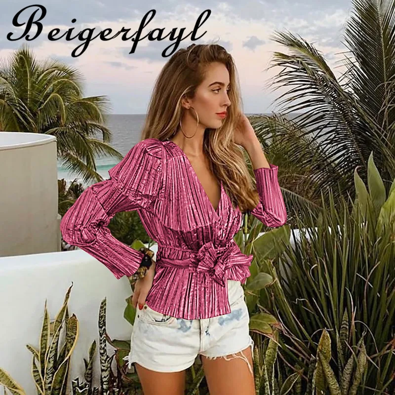 Beigerfayl 2019 Весна Лето Новая женская рубашка шикарная мода V воротник длинный рукав