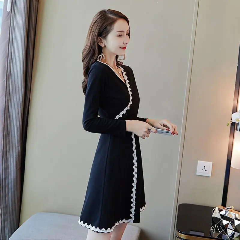 Элегантный дизайн Для женщин черный модное платье Весна Длинные рукава