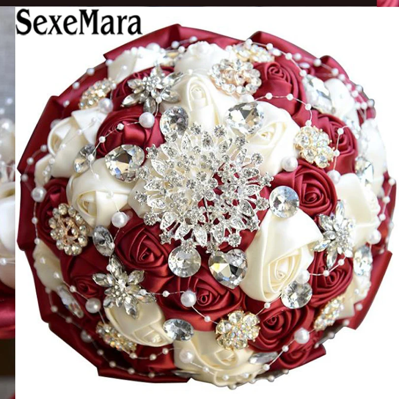 SexeMara Свадебный букет ручной работы бордовый ленточная Роза buque casamento свадебные искусственные цветы mariage