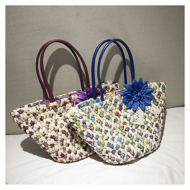 Ручной работы Тканые шоппер сумка Лето соломенные пляжные сумки цветок дизайн