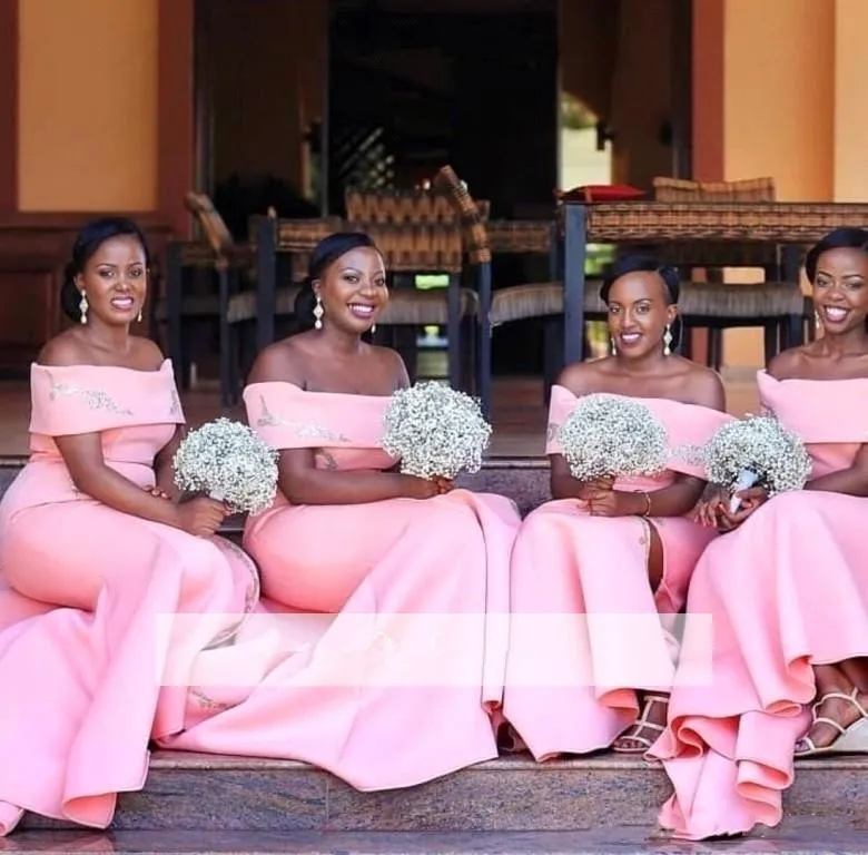 

Pink Cheap Bridesmaid Dresses Under 50 Mermaid Off The Shoulder Satin Long Wedding Party Dresses For Women