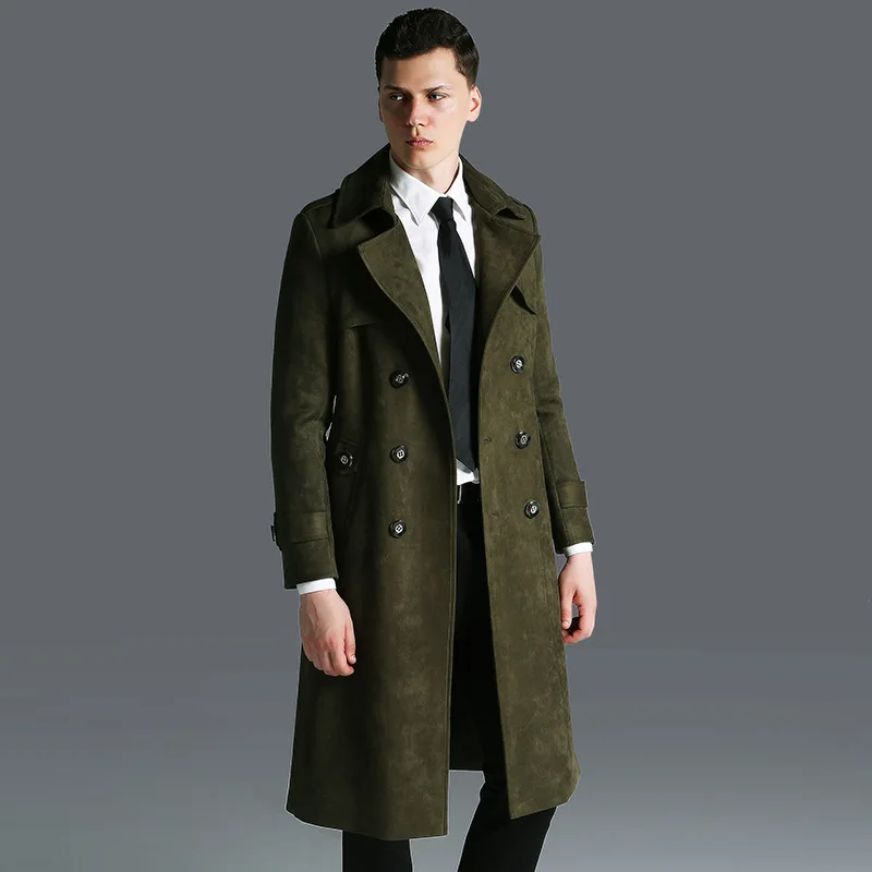 Plus Size Winter Long Jacket Men Suede Windbreaker Mens Black Leather Trench Coat Slim Cloak Male Outerwear Long Coat 5XL 6XL