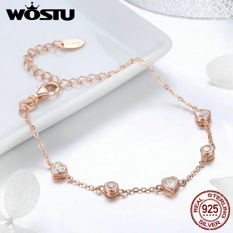 WOSTU Настоящее 925 пробы серебряный и золотой цвет сладкое сердце звено цепи браслет для женщин Роскошные ювелирные изделия подарок для жены DXB097