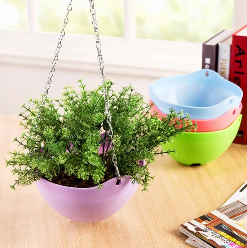 Цветной круглый пластиковый подвесной цветочный горшок с металлической цепью