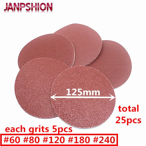 

Круглая наждачная бумага JANPSHION, красная, самоклеящаяся наждачная бумага для шлифовальной машины, зернистость 5 дюймов, 125 мм, 60, 80, 120, 180, 240, 25 шт.
