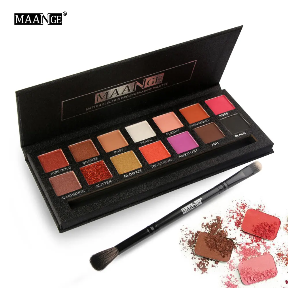 14 colors MAANGE, 14 цветов, палитра теней для век, мерцающие, матовые, пигментные, тени для век, косметика для красоты, минеральный, телесный блеск, для глаз, телесный макияж+ кисть - Цвет: 14 colors