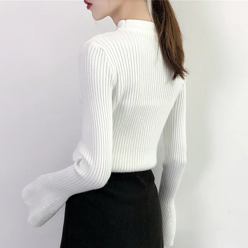 Женские вязаные свитера с расклешенными рукавами и v-образным вырезом эластичные