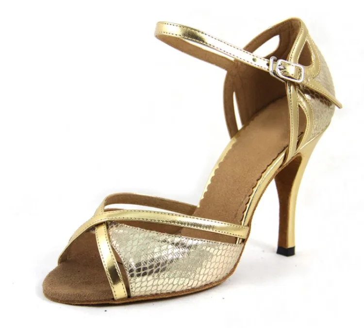 Gold heel 9cm Леди Латинская танцевальная обувь Для женщин на высоком каблуке вечерние Salsa Самба вальс обувь для танцев красный золото, Змея PU танцевальная обувь WD343 - Цвет: Gold heel 9cm