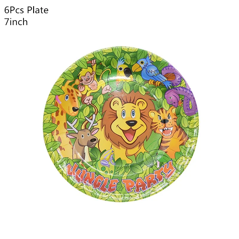 6pcs 7inch plate Джунгли день рождения одноразовые столовые приборы Джунгли животных одноразовые тарелки/чашки/салфетки сафари джунгли вечерние украшения принадлежности - Color: 6pcs 7inch plate