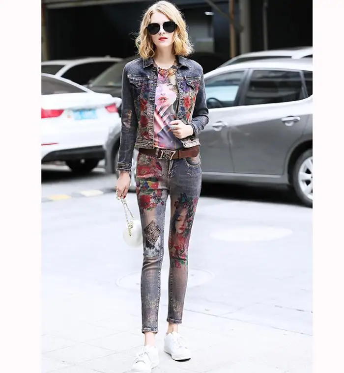 Печать джинсовый костюм женский новый с длинными рукавами джинсовая куртка