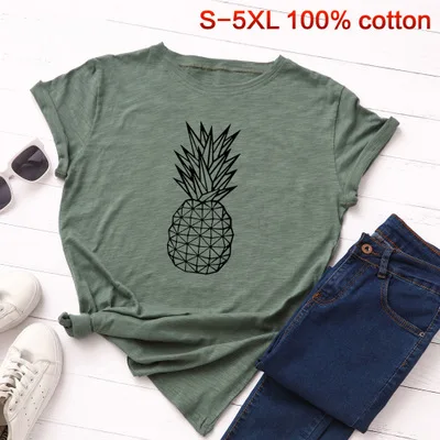 green SINGRAIN летняя S-5XL размера плюс футболка с принтом ананаса Женские топы с рисунком фруктов хлопок короткий рукав свободная футболка - Цвет: green