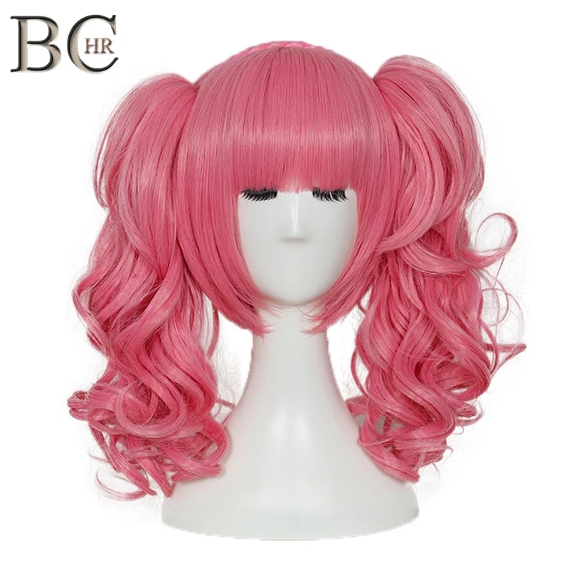 

BCHR Short Anime Cosplay Wig Pink Color Synthetic Wigs with Two Ponytails for Costume Party