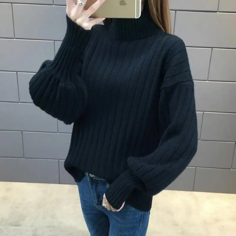 2020 Winter Sweater Women Fashion Simple Lantern Sleeves High Collar Solid Color Knitting Bottom Comfort Joker Pullovers USWMIE | Женская