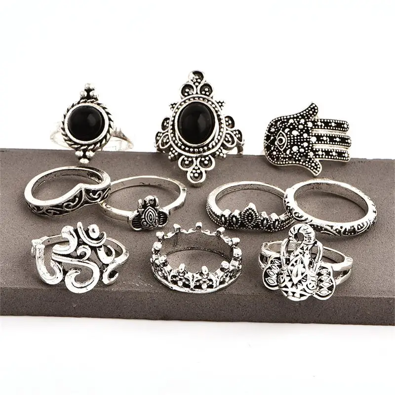 10 Pcs/Set Bohemian Engraving Fatima Palm Elephant OM Crown Flower Gem Ring Set Women Personality Birthday Jewelry | Украшения и