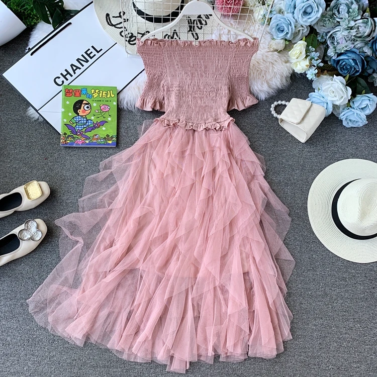 Женское платье с открытыми плечами ALPHALMODA Сетчатое асимметричное оборками в