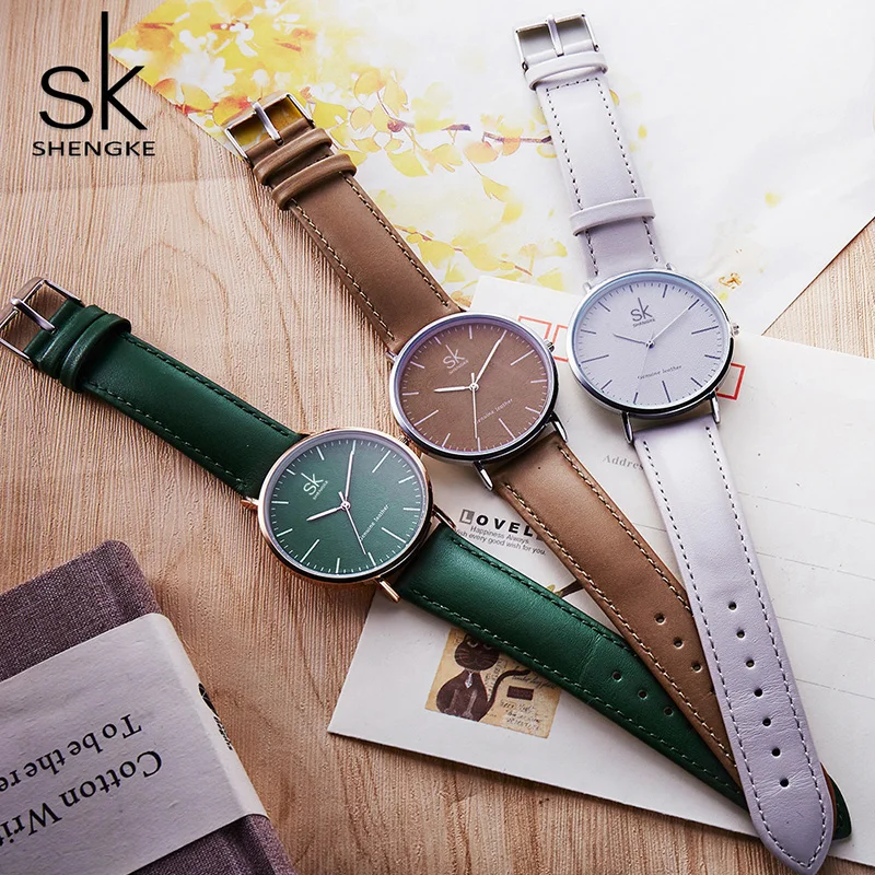 Часы наручные Shengke женские кварцевые Брендовые повседневные модные с кожаным