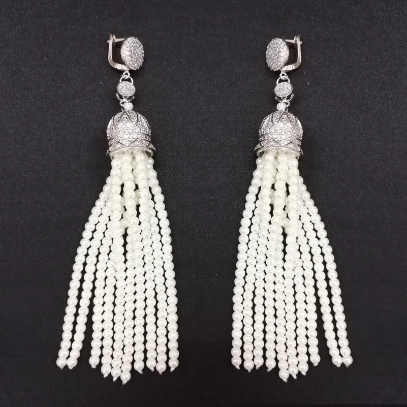 Boho cz Циркон Корона шляпа разъем талисманы длинные висячие 10 рядов белый жемчуг с бисером кисточкой серьги для женщин Свадебные украшения