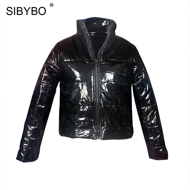 Черный Sibybo из искусственной кожи тонкие зимние сексуальные женские пальто и куртки с длинным рукавом стоячий воротник Толстая куртка Женская Повседневная укороченная верхняя одежда для женщин - Цвет: Черный