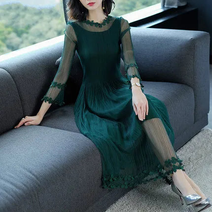 

Весеннее Новое Женское кружевное платье с вышивкой, длинное летнее платье с длинным рукавом, праздничное платье с круглым вырезом, Европейс...